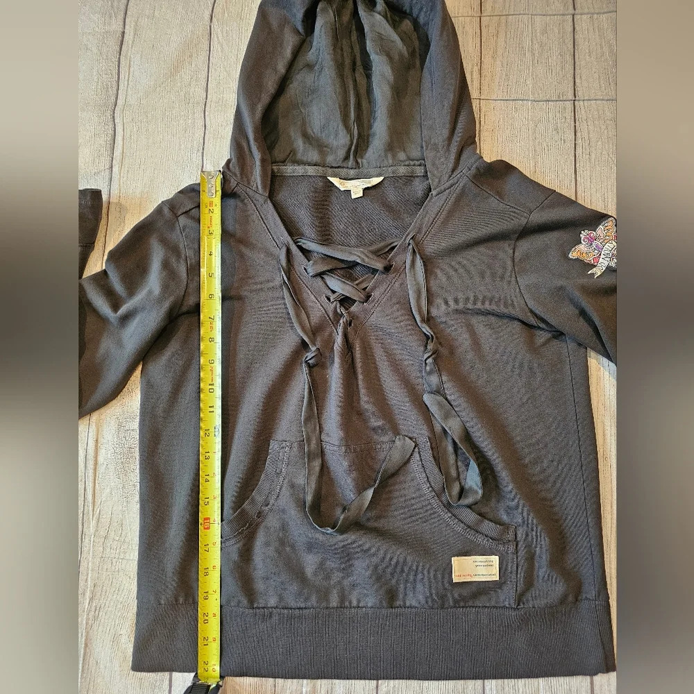 Odd Molly Size Small Dark Gray Hooded Pullover Sweatshirt Lace Up Front Comfy - Picture 9 of 11